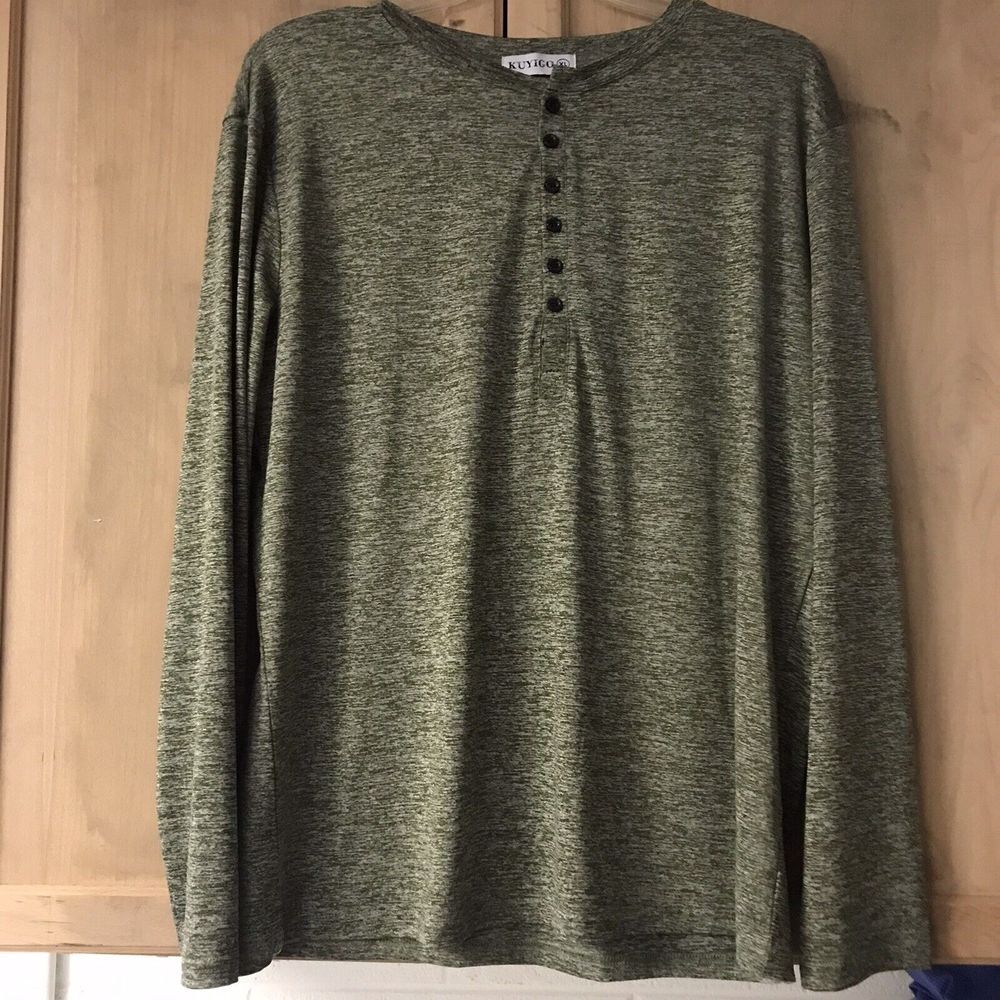 KUYIGO Mens HENLEY Long Sleeve Casual Polyester Spandex PULLOVER Shirt- Large